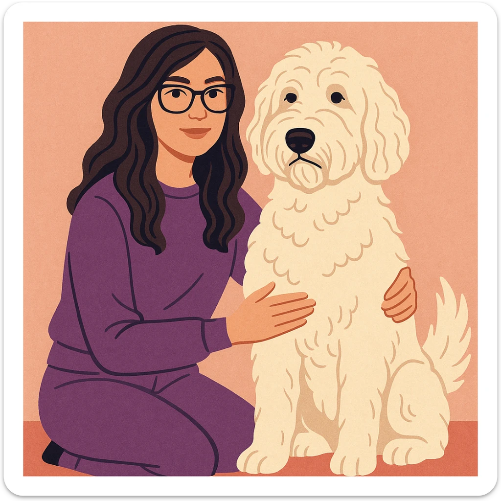 brunette female with glasses in a purple outfit and her large white or cream colored goldendoodle, modern illustration style sticker