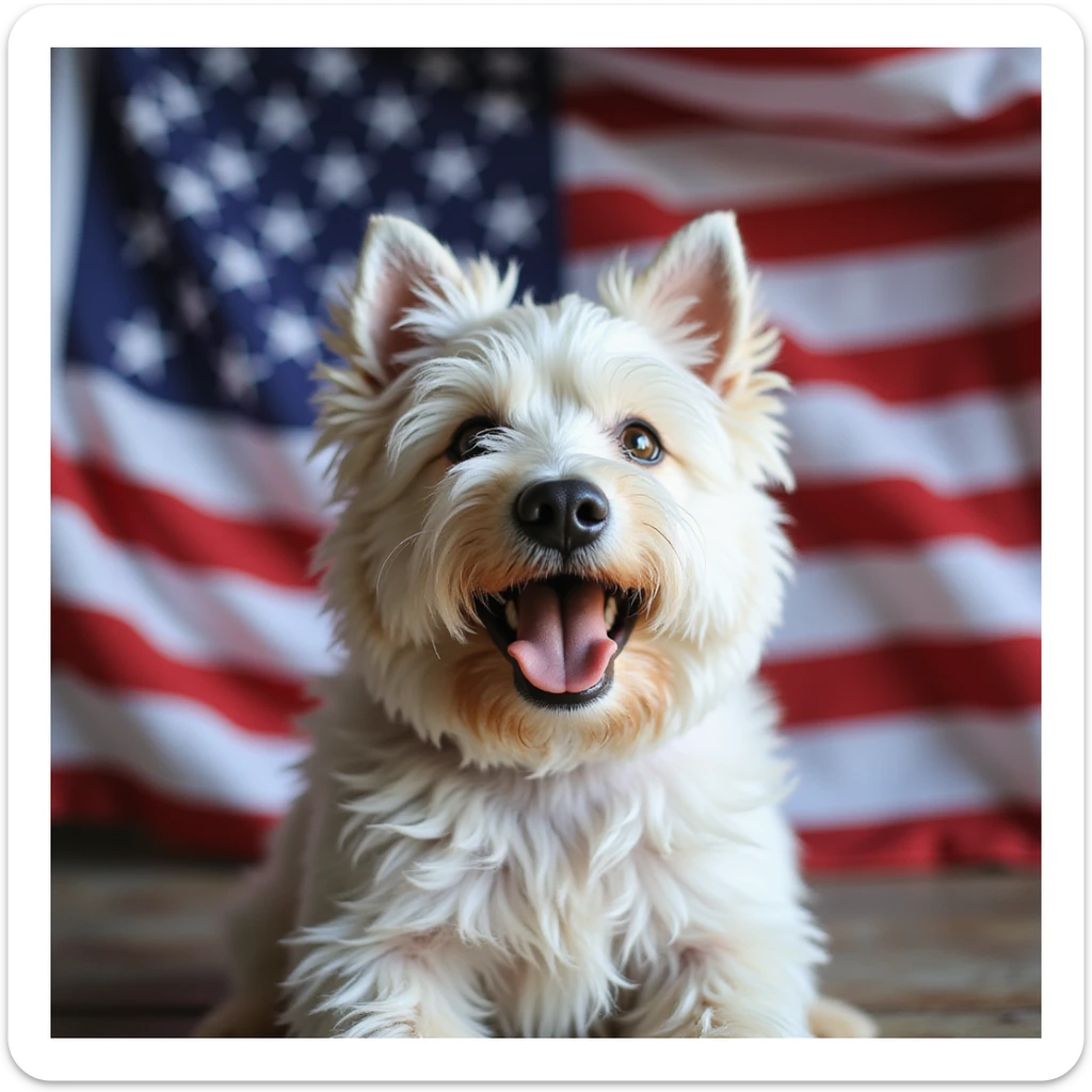 white Westie dog joyfully waving a United States flag with realistic fur and flag details sticker