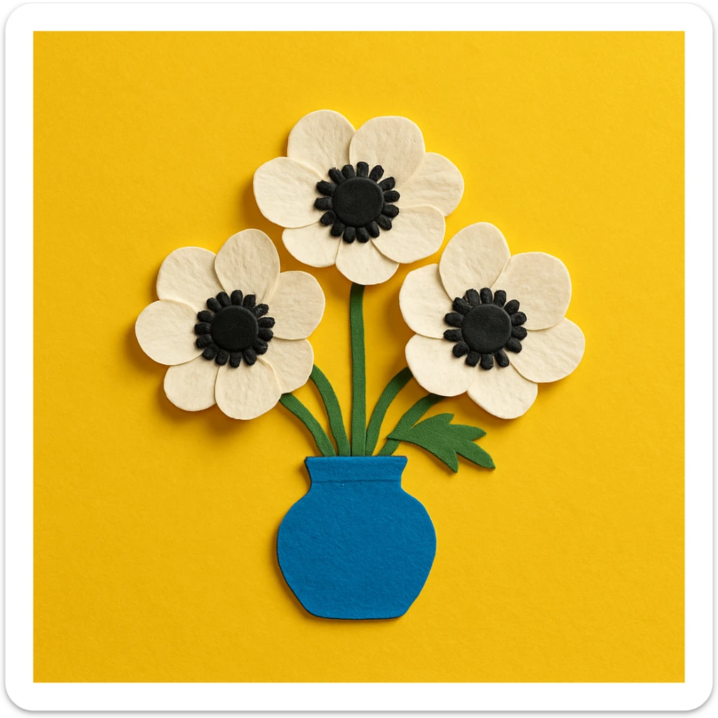 bouquet of white and black anemone flowers in a blue ceramic vase, yellow background sticker