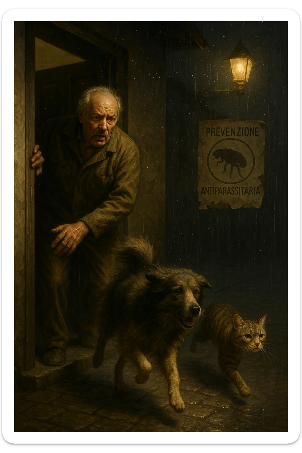 Un uomo anziano in tuta da lavoro, con espressione angosciata, tiene aperta la porta di casa mentre il suo cane (un meticcio a pelo lungo) e il gatto (soriano) scappano nella strada buia sotto la pioggia. Particelle di polvere/pulci fluttuano nell'aria illuminata dal lampione. Sullo sfondo, un poster strappato del veterinario con scritto 'Prevenzione antiparassitaria'. Stile fotorealistico, illuminazione Caravaggesca, toni grigi e ocra. in italiano sticker