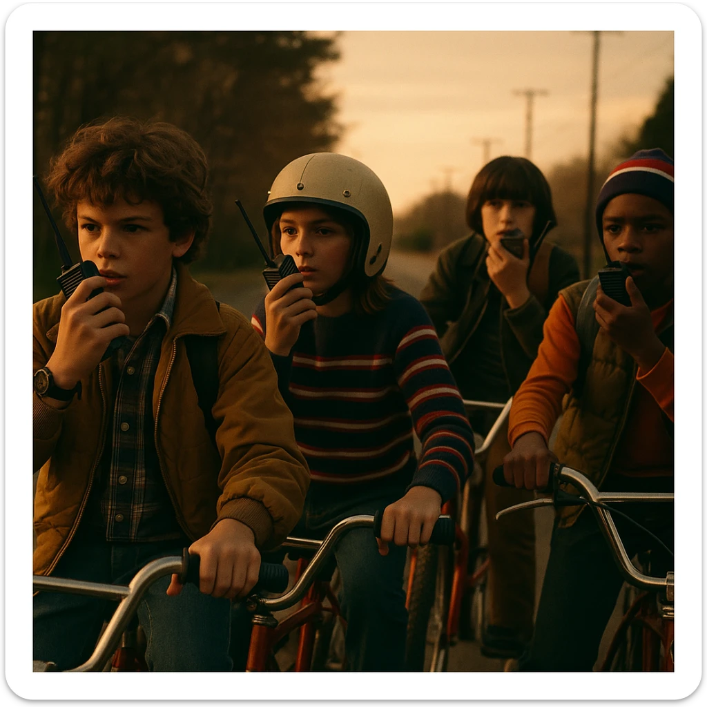 A group of kids on bikes with walkie-talkies, 1980s vibe, inspired by Stranger Things, nostalgic, cinematic style sticker