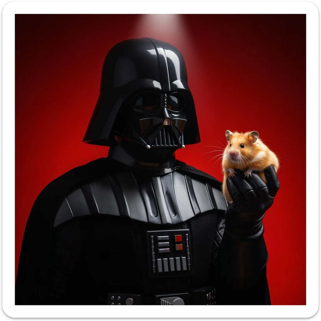 Extreme Closeup Photo of a darth vader holding big hamster, low key light, red solid background with leading lines, back light, spot light sticker