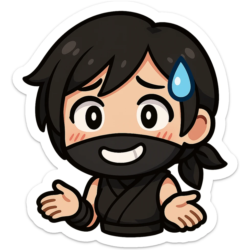 Sexy chibi ninja girl with black short hair and a blonde streak, only head and arms, colorful chibi style with bold outlines, transparent background, no mask, nervous expression with a big sweat drop and awkward smile, sized for Twitch emoji use. sticker