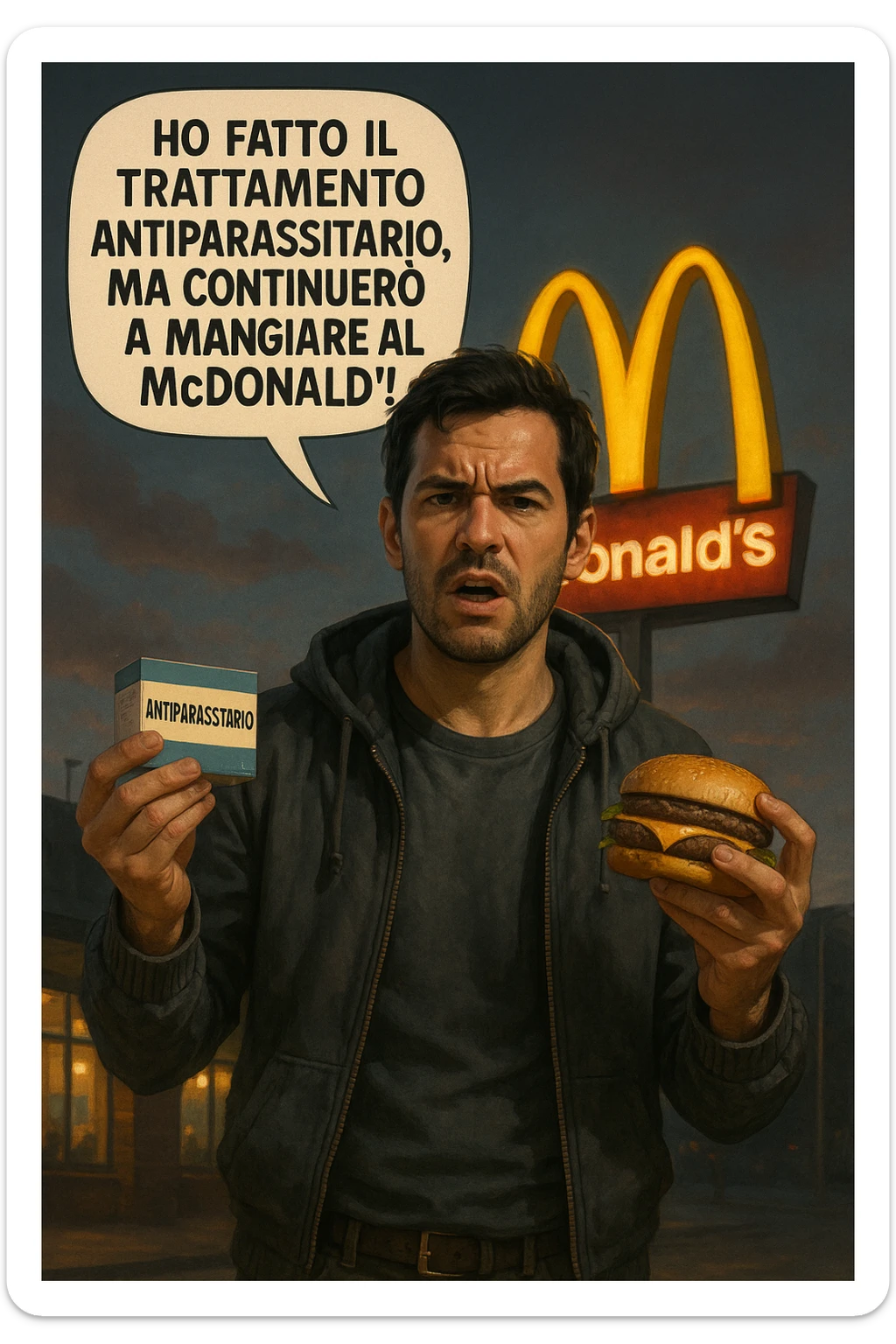A realistic, cinematic illustration of a man in his early 30s with a confused yet stubborn expression, standing outside a McDonald's at dusk, holding a small box labeled 'Antiparasitic Treatment' in one hand while holding a large McDonald's burger in the other. He is mid-sentence, saying 'Ho fatto il trattamento antiparassitario, ma continuerò a mangiare al McDonald!' in an expressive speech bubble. The man wears casual streetwear, and behind him, the McDonald's golden arches glow under a neon-lit sky. The mood is ironic and educational, highlighting the contradiction of doing parasite cleanses while continuing unhealthy fast-food habits. The style is realistic with slight illustrative clarity, emphasizing the message humorously while maintaining a serious undertone about lifestyle choices and health in italiano sticker