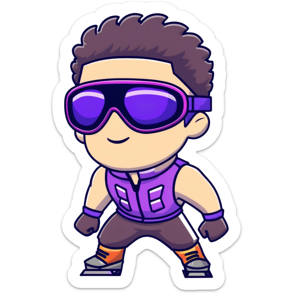 male athlete with white skin and moderately curly dark brown hair on top with shaved sides, wearing ski goggles with purple frames and very dark black lenses, a simple plain black chain necklace, and a completely unzipped sleeveless vest with purple and black sequin fire pattern design with no logo, fully revealing his chest, shoulders and arms, no earrings sticker