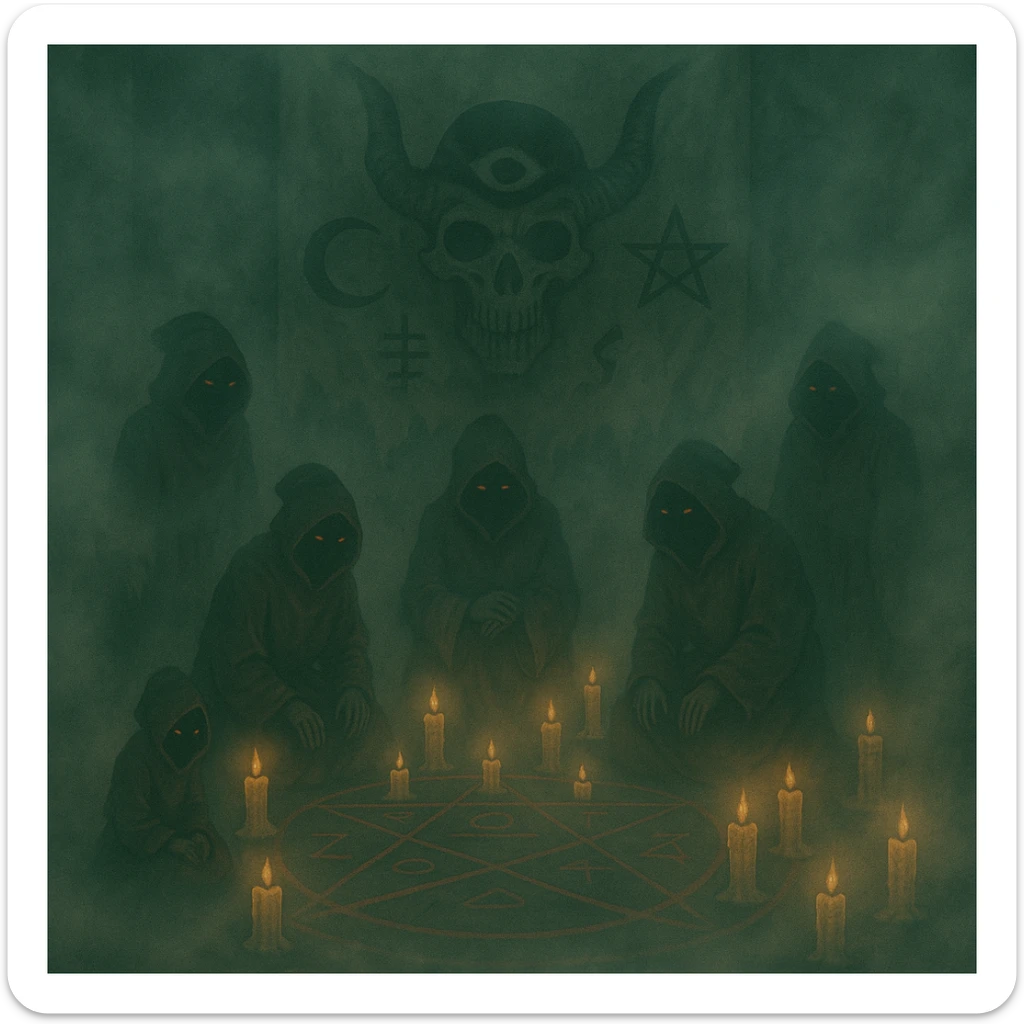 Add thick fog and swirling mist throughout the scene to enhance the creepy atmosphere, keep all other details unchanged. sticker