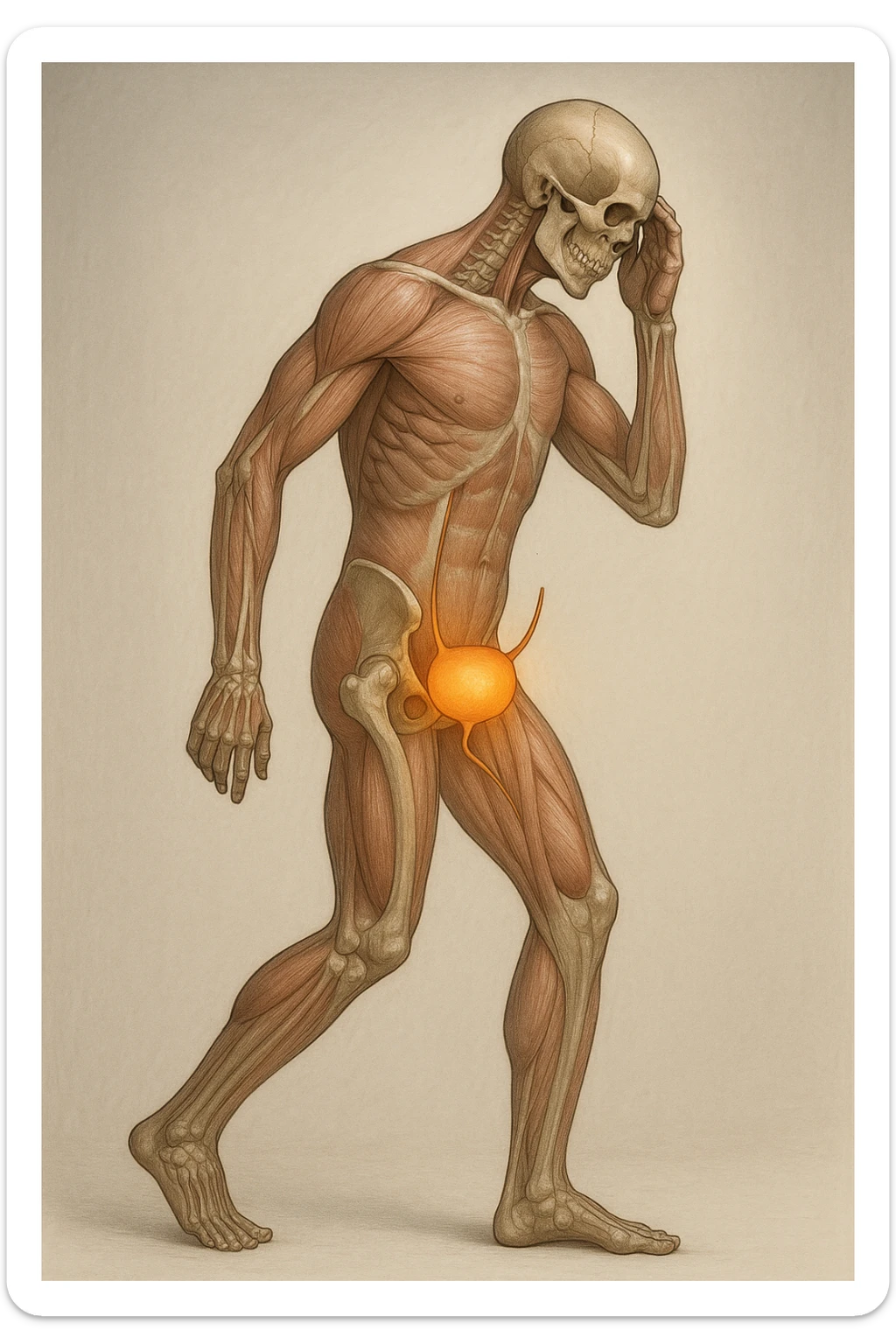 CORPO UMANO ANATOMICO CHE SI SVEGLIA LA NOTTE PER SVUOTARE LA VESCICA, VESCICA ANATOMICA IN EVIDENZA, SFONDO CHIARO NEUTRO sticker