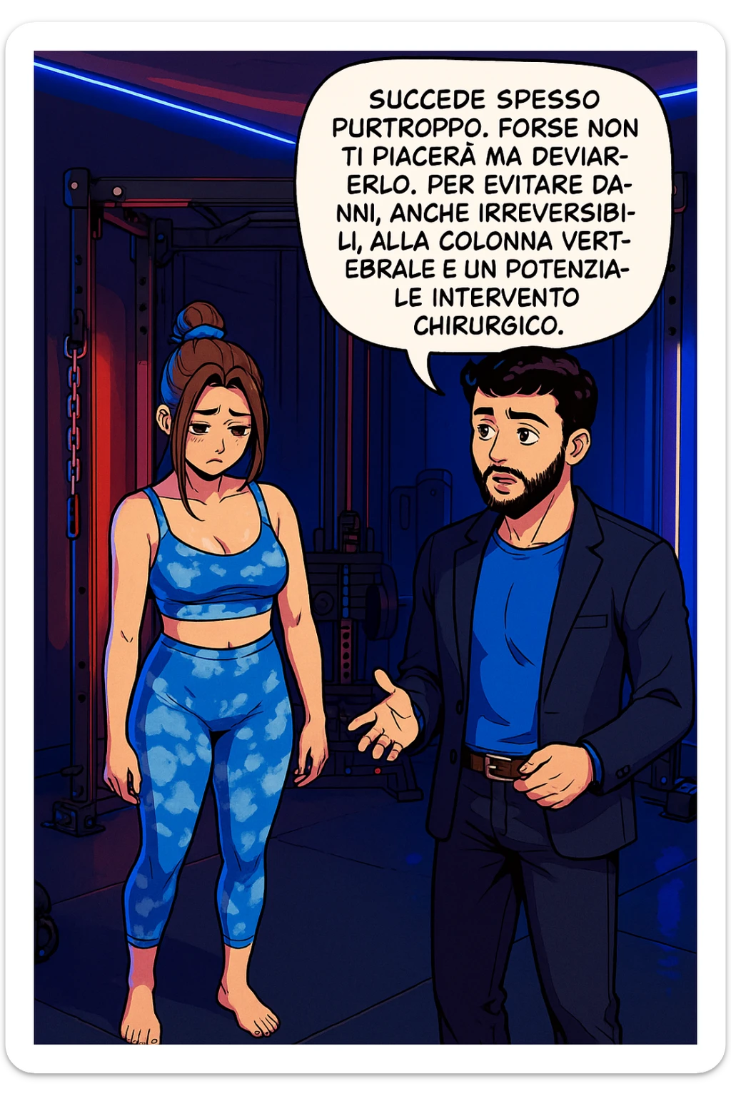 fai questa immagine in versione fumetto/manga/webtoon a colori, il manga mostra l'uomo che risponde alla donne:
Succede spesso purtroppo. 
Forse non ti piacerà ma devi saperlo, per evitare danni, anche irreversibili, alla colonna vertebrale e un potenziale intervento chirurgico. sticker