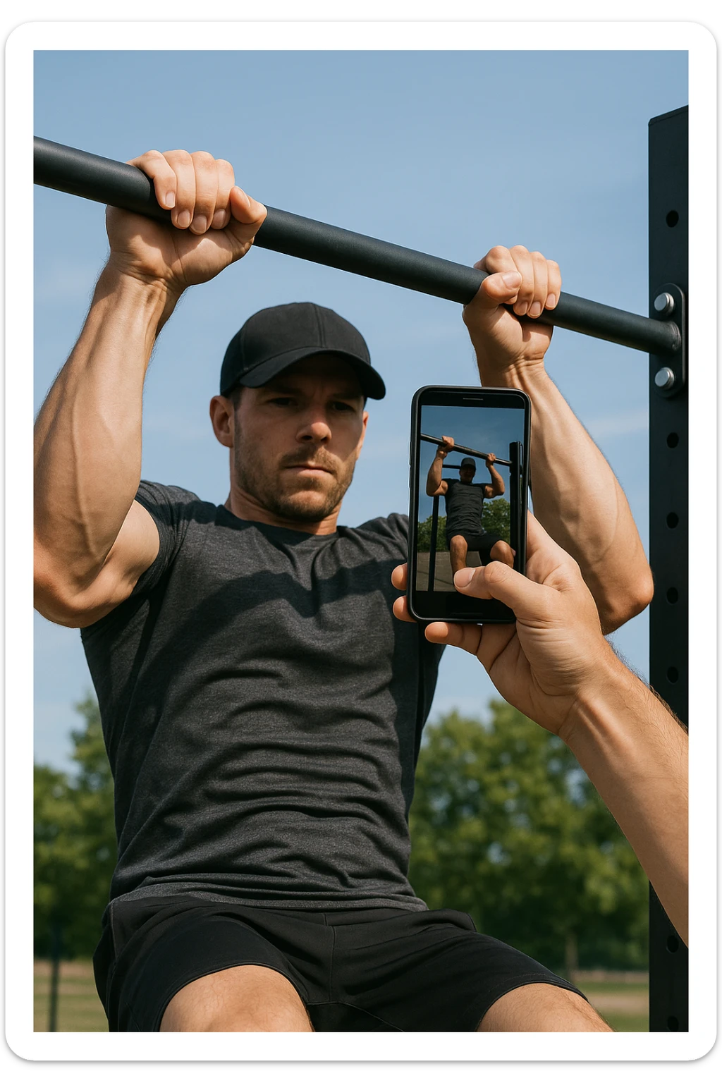 uomo che fa Muscle up e si sta filmando davanti con il telefonino per vedere la sua posizione dei gomiti e delle mani sulla sbarra sticker