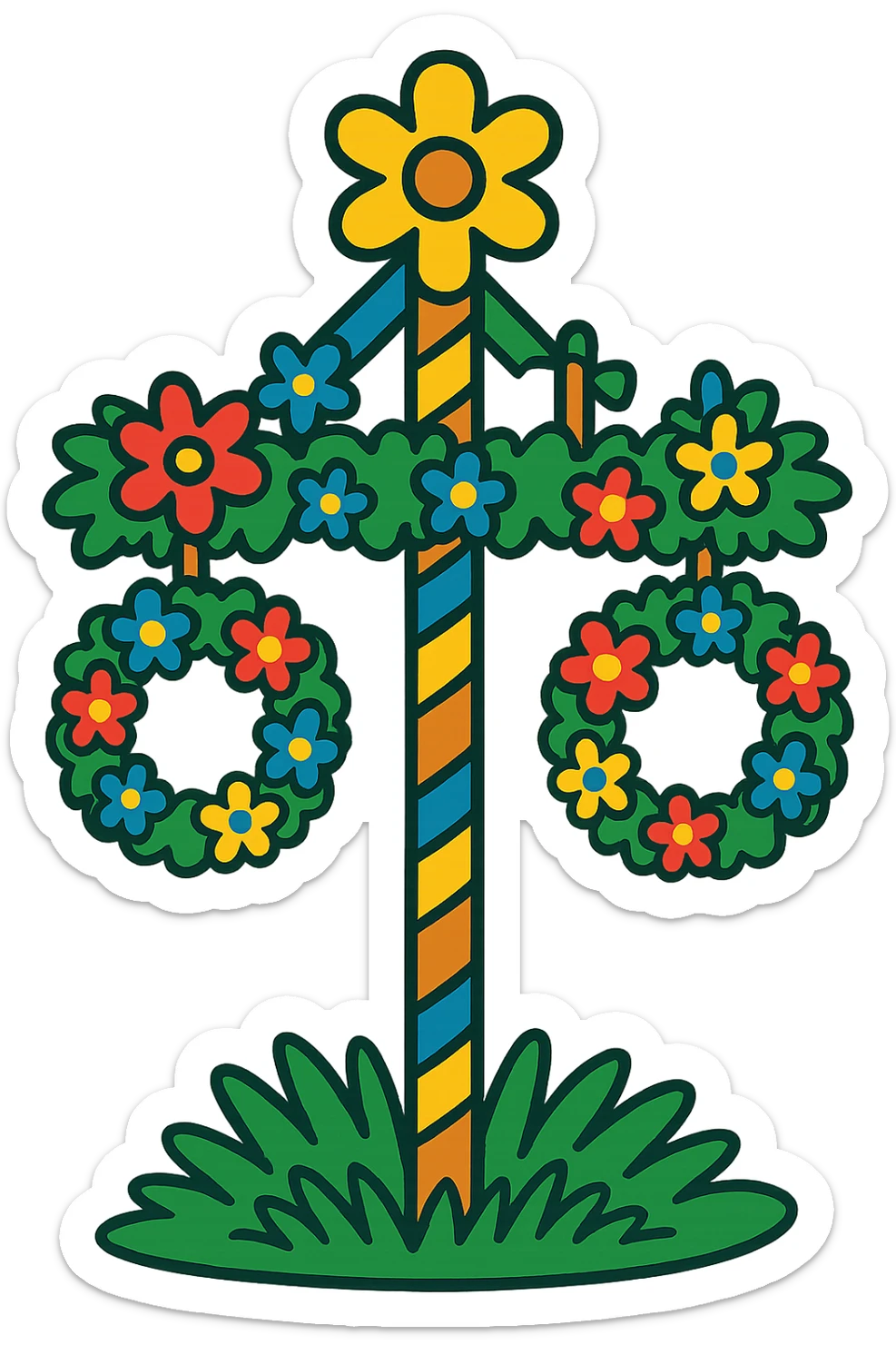 Add traditional Swedish details to the midsommarstång: a wooden crossbar, two large floral wreaths at the ends, blue and yellow ribbons spiraling around the pole, and a leafy garland in a U-shape between the wreaths, maintaining the vibrant toon style. sticker