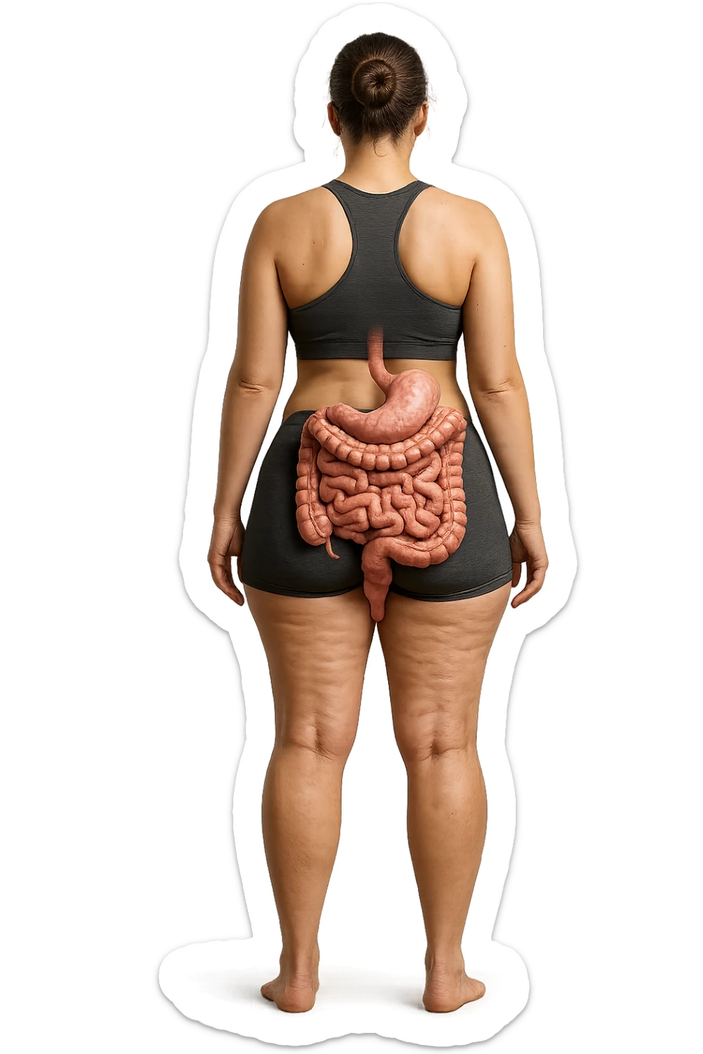 una donna di spalle a figura intera in gym shorts con cellulite e intestino umano anatomico, iperrealistica 4k
 sticker