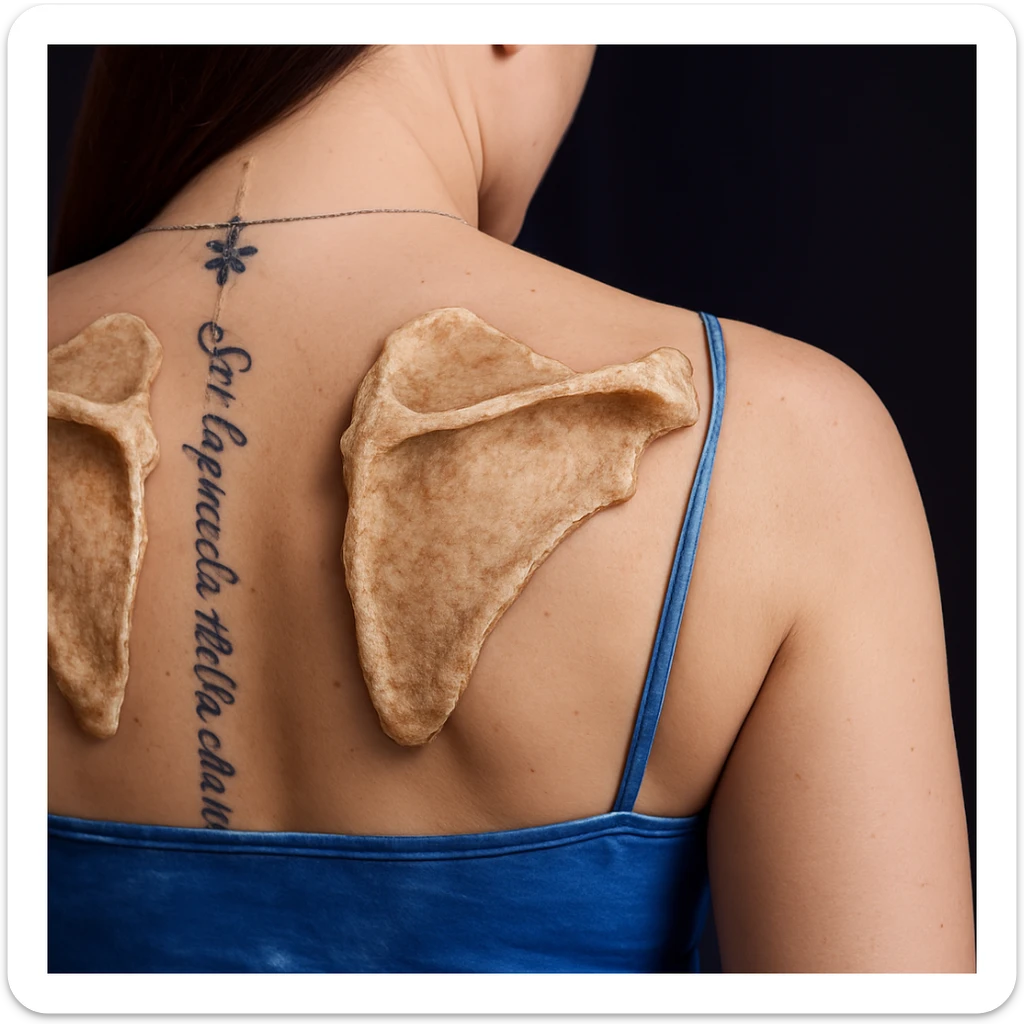 Add detailed scapulae on the woman's back in a realistic style with a texture that highlights the bone surface. The image should emphasize the tactile quality and surface details of the scapulae. sticker