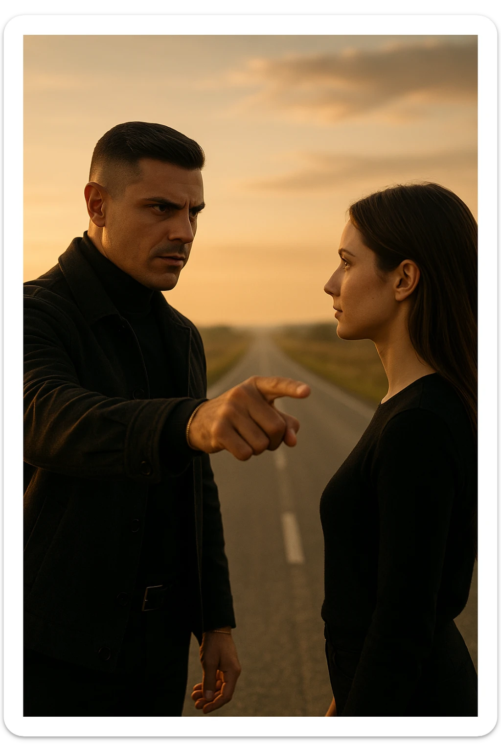 Cinematic photo of a confident man giving clear direction to a woman, standing in front of her with a firm but calm expression, pointing forward as if showing her the path to follow. The man is dressed in a dark jacket, embodying the role of a commander, while the woman looks at him attentively, ready to follow. The setting is an open road at sunrise with soft golden light, symbolizing new beginnings and leadership. Shot from a side angle, capturing both profiles with a clear view of his guiding gesture. sticker