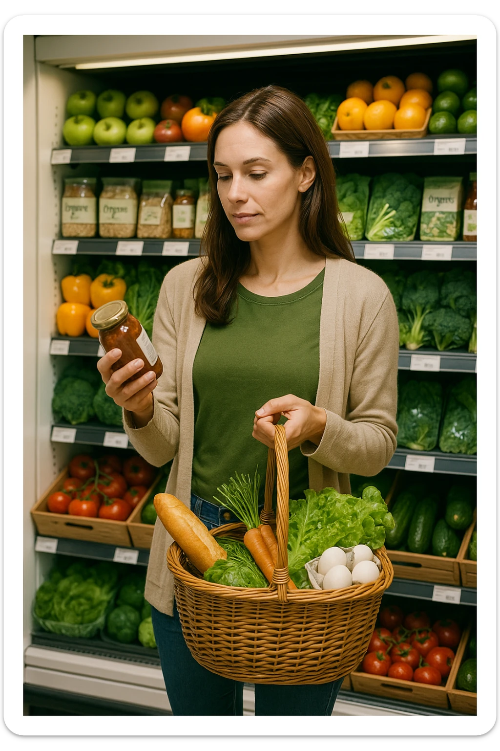 Donna che sta scegliendo quali alimenti di qualità mangiare sticker