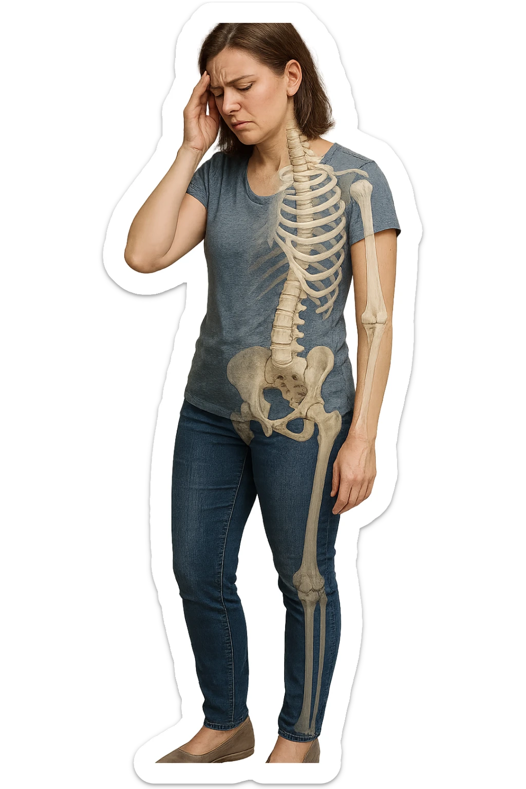 donna stanca a figura intera che si tiene una mano sulla tempia con spina dorsale anatomica visibile, iperrealistico 4k sticker