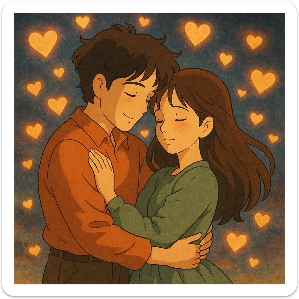 romantic couple hug surrounded by glowing hearts dreamy mood in ghibli style sticker
