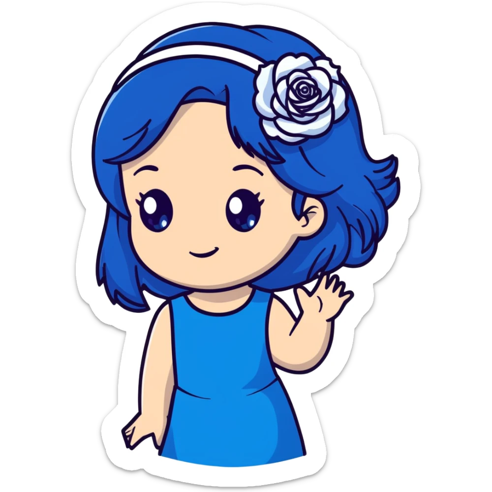 anime style girl with long dark blue hair, blue rose hair accessory, bright blue eyes, black dress, friendly smile sticker