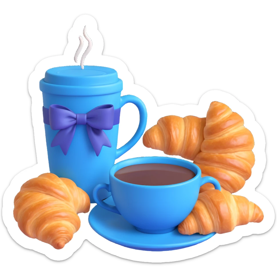 A blue cup of coffee with a flower on top and a blue bow, next to a croissant, in a warm, cozy setting. sticker