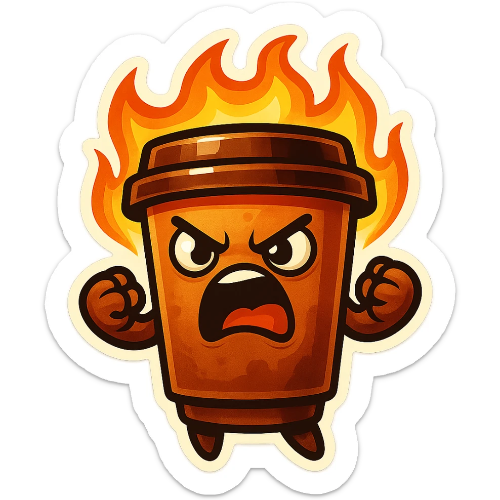 Tall coffee cup, angry, on fire, clenched fists, yelling sticker