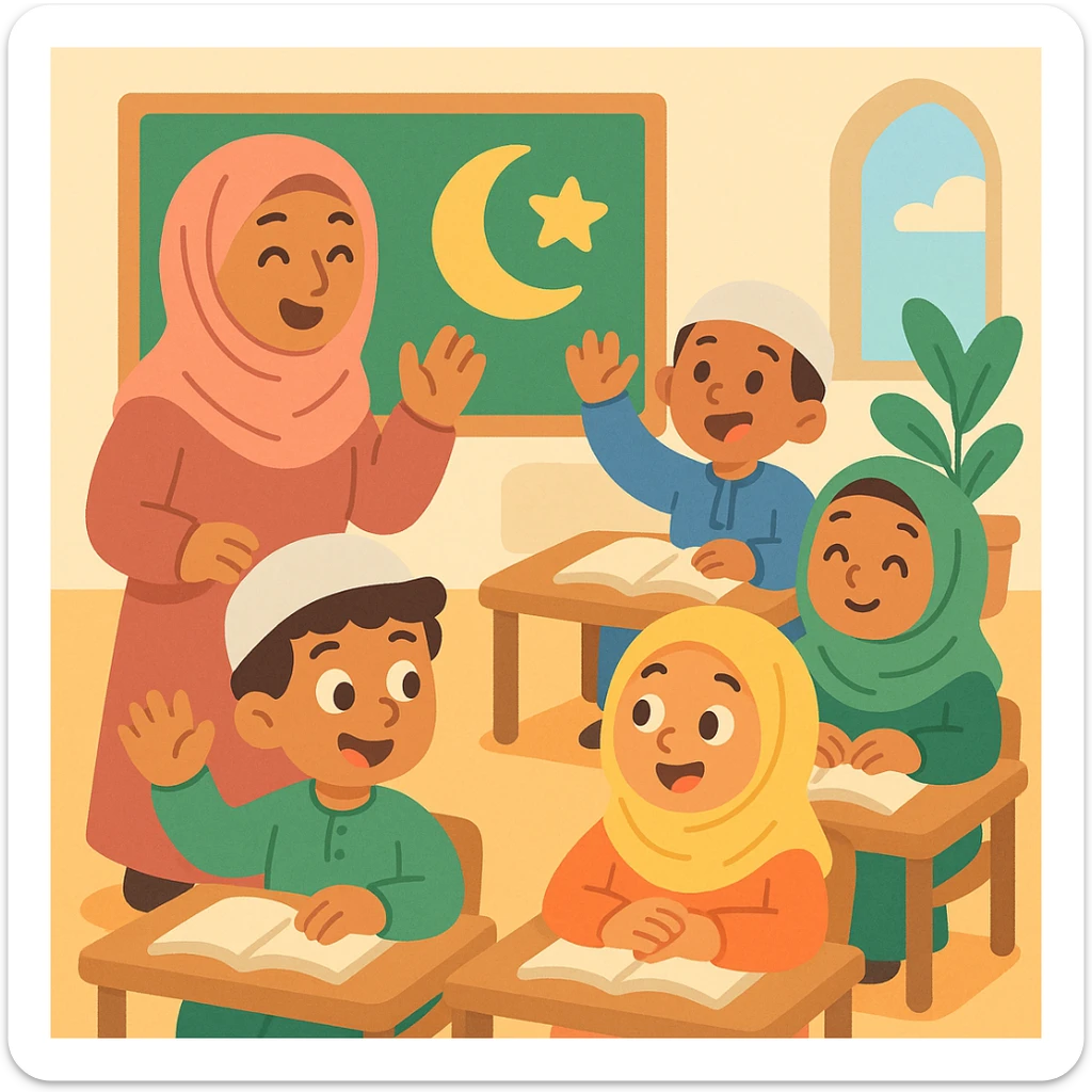 playful and friendly Islamic school illustration, suitable for children's materials sticker