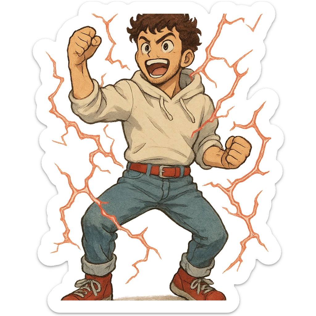 1 male, mid fade haircut dark chestnut brown curly hair, toasted lightskin, white hoodie sleeves up, fashion jeans, red fashion-sneakers shoes, red belt, short trimmed beard and goatee,  style of deku from "my hero academia" doing a "heck yeah!" exclaimation pose with red electricity sticker