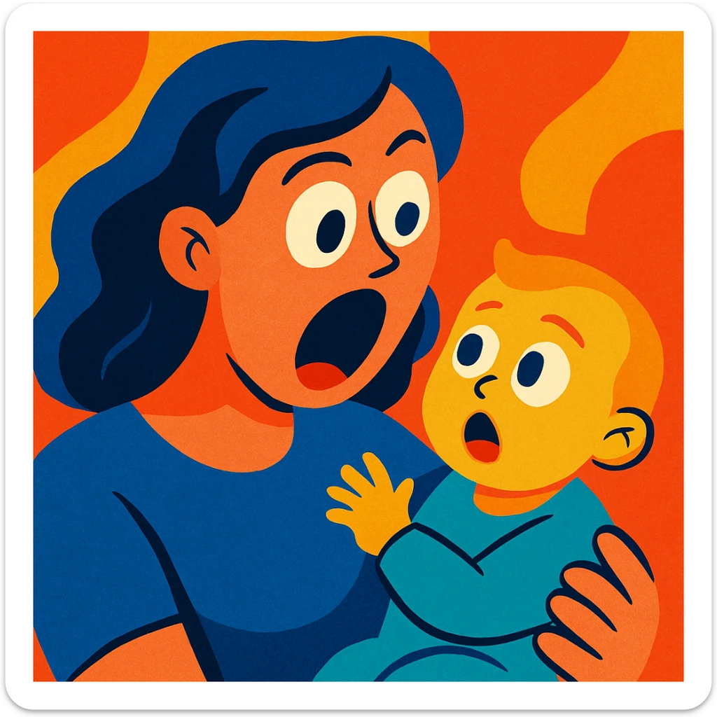 a mother looking at her child with shocked eyes, vibrant colors, modern illustration sticker
