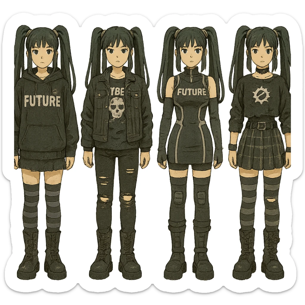 outfit designs for a VTUBER OC. The style is mixed 90's grunge, punk, lots of black and white in the color scheme, futuristic aesthetic. Clothing has small rips and tears from wear, logos and designs are faded. Garage, Shoegaze, postmodern style. character design concept art outfits for a female. [[FUTUREPUNK CYBERGOTH]] front on view, not 3/4 angle or any angle, perfect front sticker
