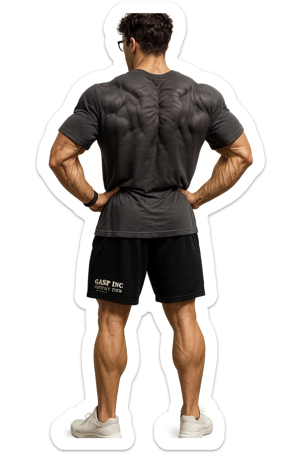 lascia questo ragazzo identico ma fallo in piedi di spalle con fasci muscolari della schiena contratti, senza macchinari, solo la sua figura, iperealistico 4k sticker