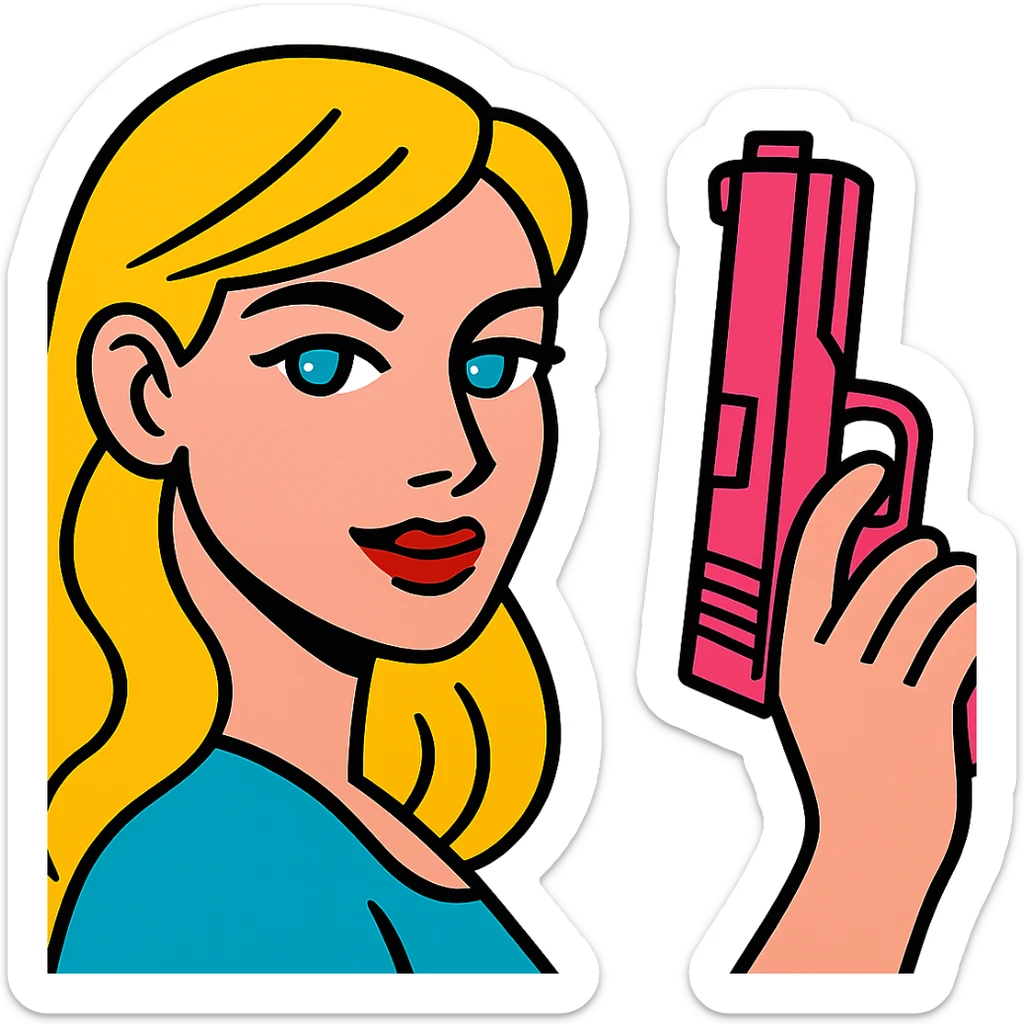 white girl with blue eyes, pink manicured hand holding a pink gun, confident expression sticker