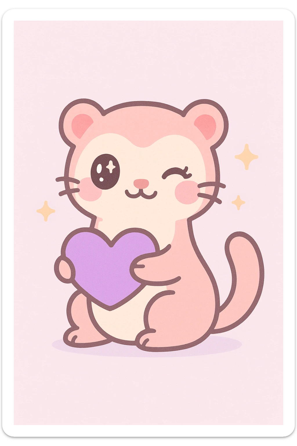 flirtatious ferret with a purple heart, kawaii style, sparkly eyes, charming pose sticker