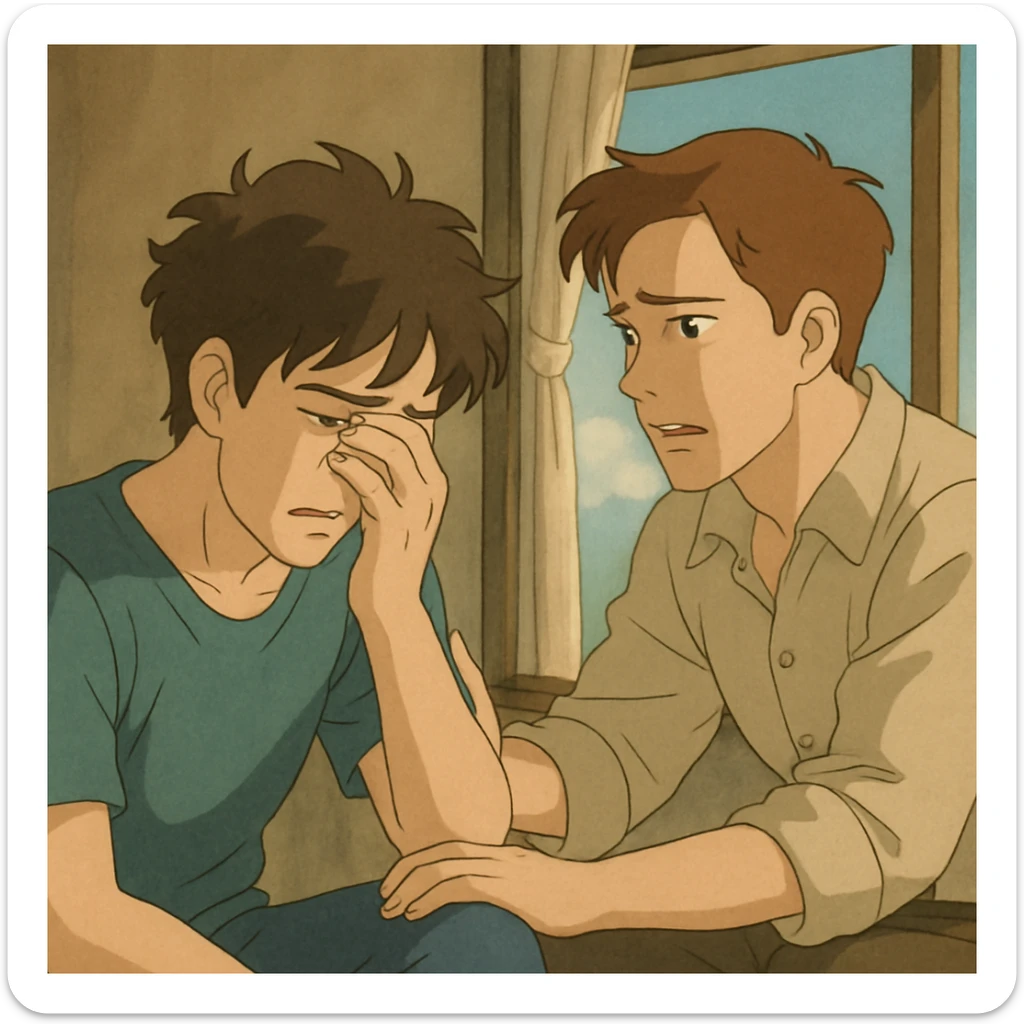 two men, gay couple, breaking up, emotional scene, in ghibli style sticker
