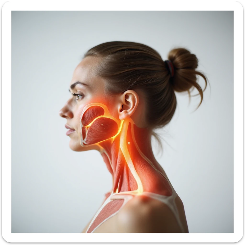 realistic anatomical view of a woman showing head and neck muscles highlighted, expression of pain indicating headache, neutral background sticker