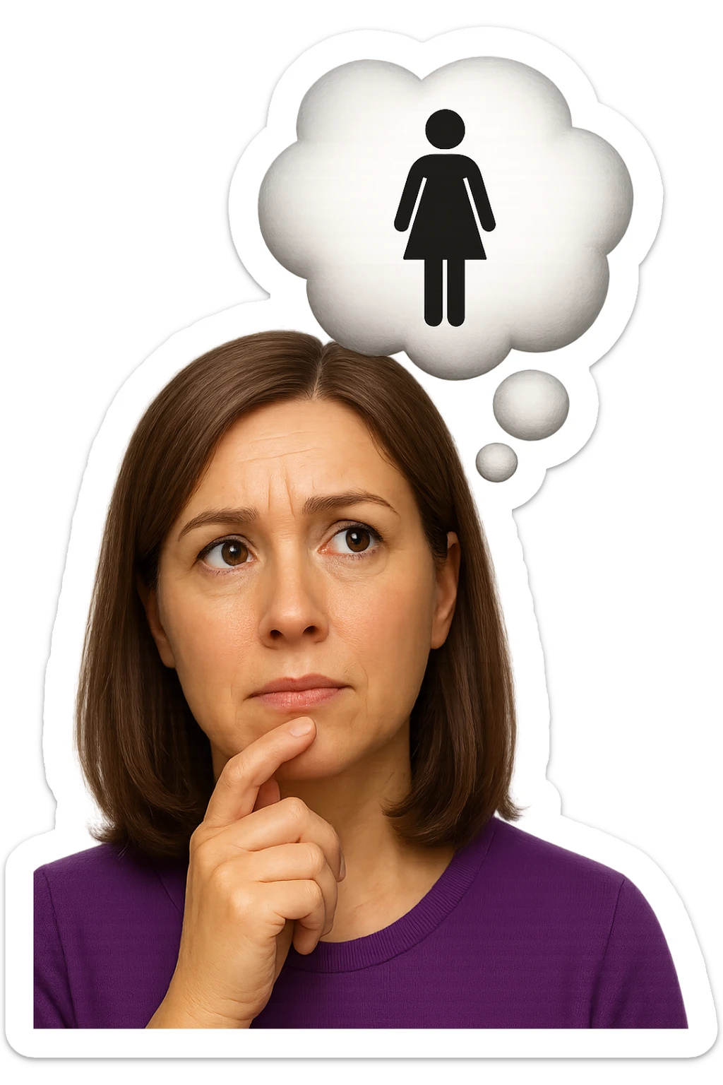 emoji stile iphone di una donna con nuvoletta di pensiero con all'interno la toilet per donne, iperrealistico 4k sticker