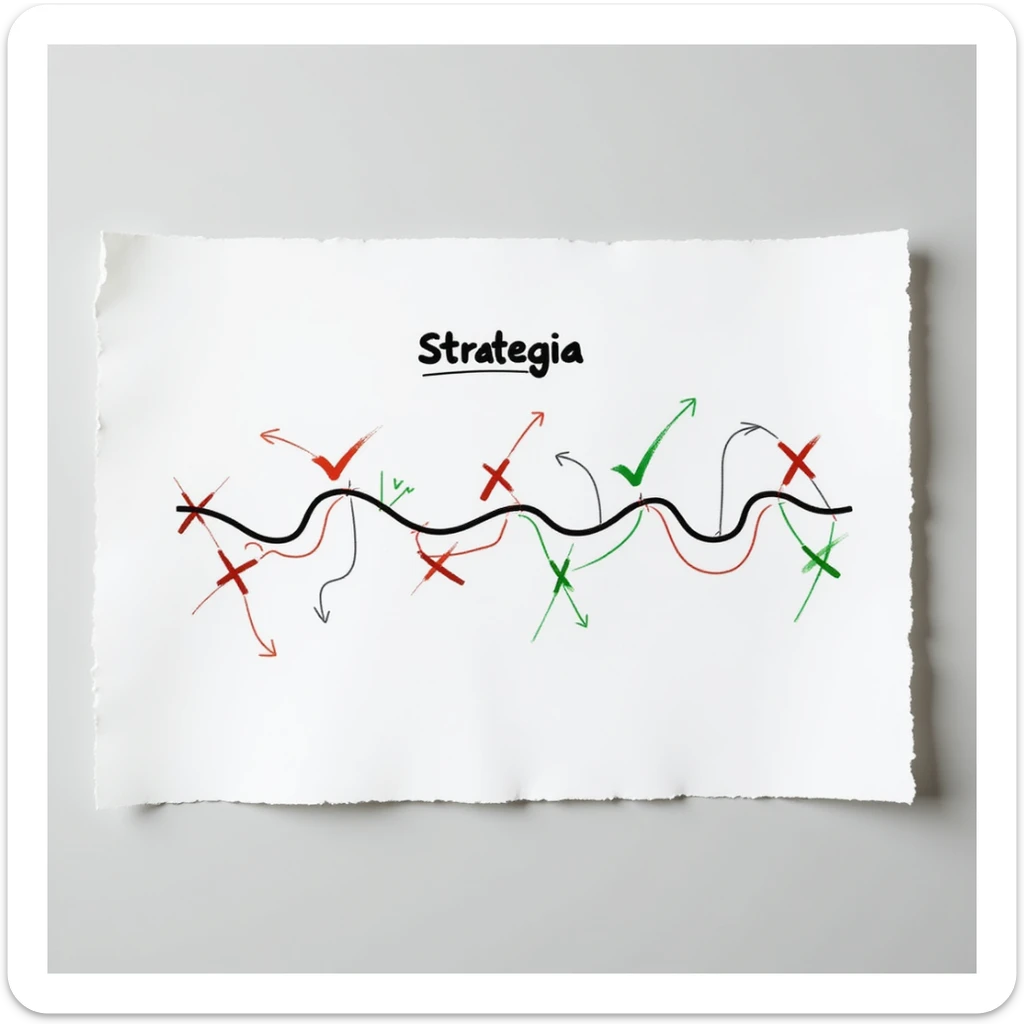 hyperrealistic 4K sheet of paper with the word 'strategia' and a wavy line connecting various points, some with red crosses and others with green check marks, like a path of stages, photorealistic style sticker
