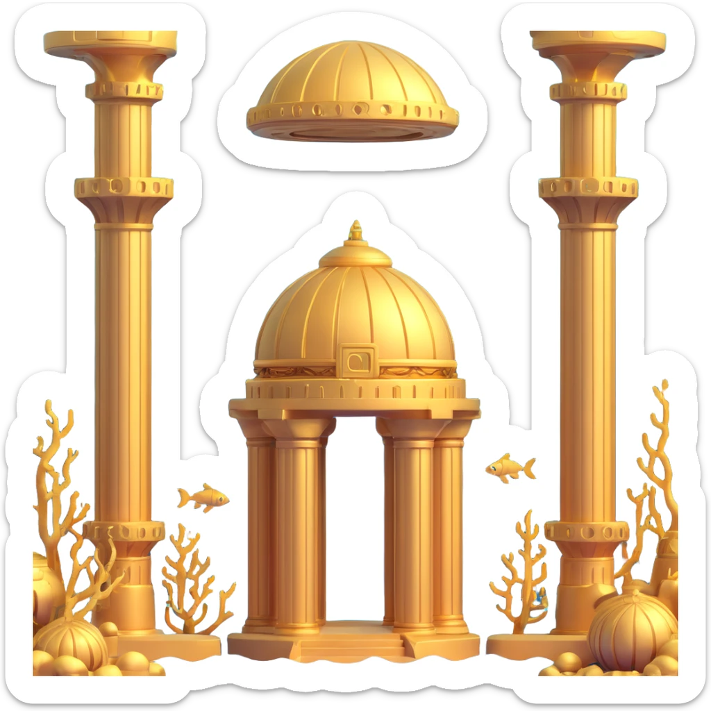 full view of a golden underwater base with Anunnaki motifs, domes, pillars sticker