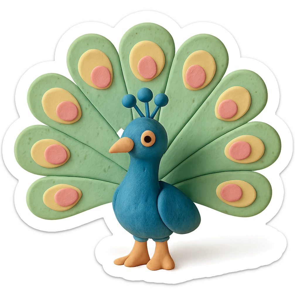 peacock with fanned colorful feathers, visible fingerprints, pastel colors, claymation style sticker