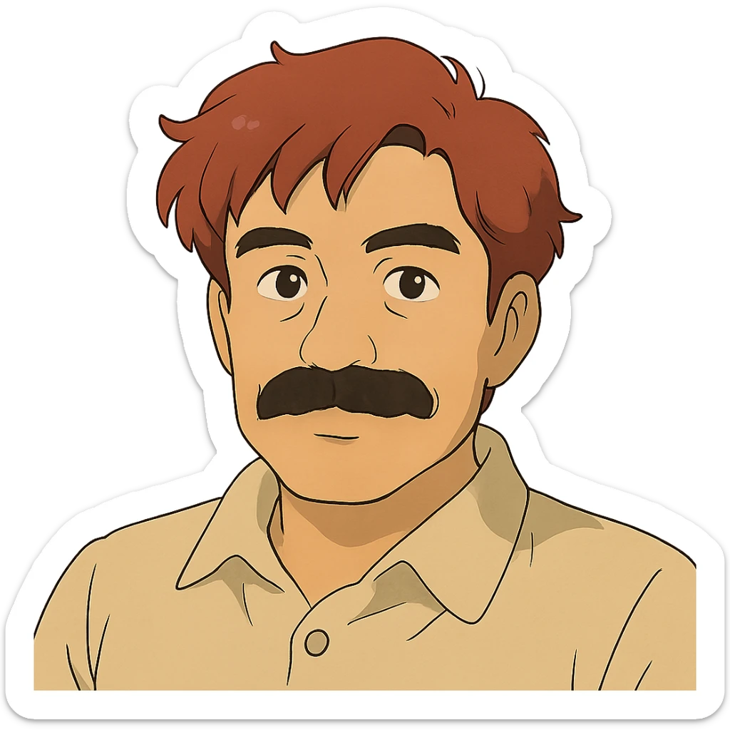 asian man with black mustache and red hair, 90's anime style portrait, ghibli style sticker