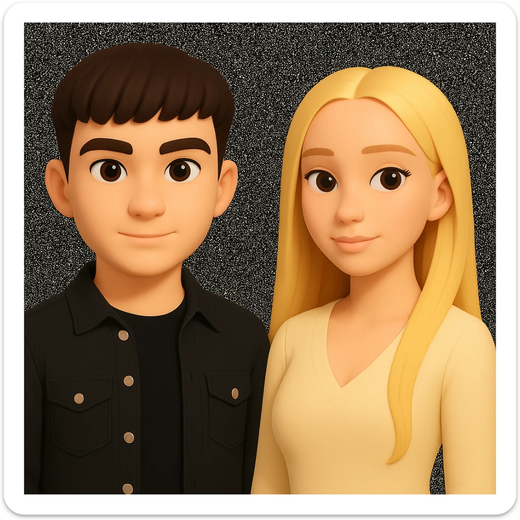 Slightly increase the volume of the upper body of the girl, significantly spread them apart from each other, make the skin color the same for both characters, keep the cartoon style as in the reference image. sticker