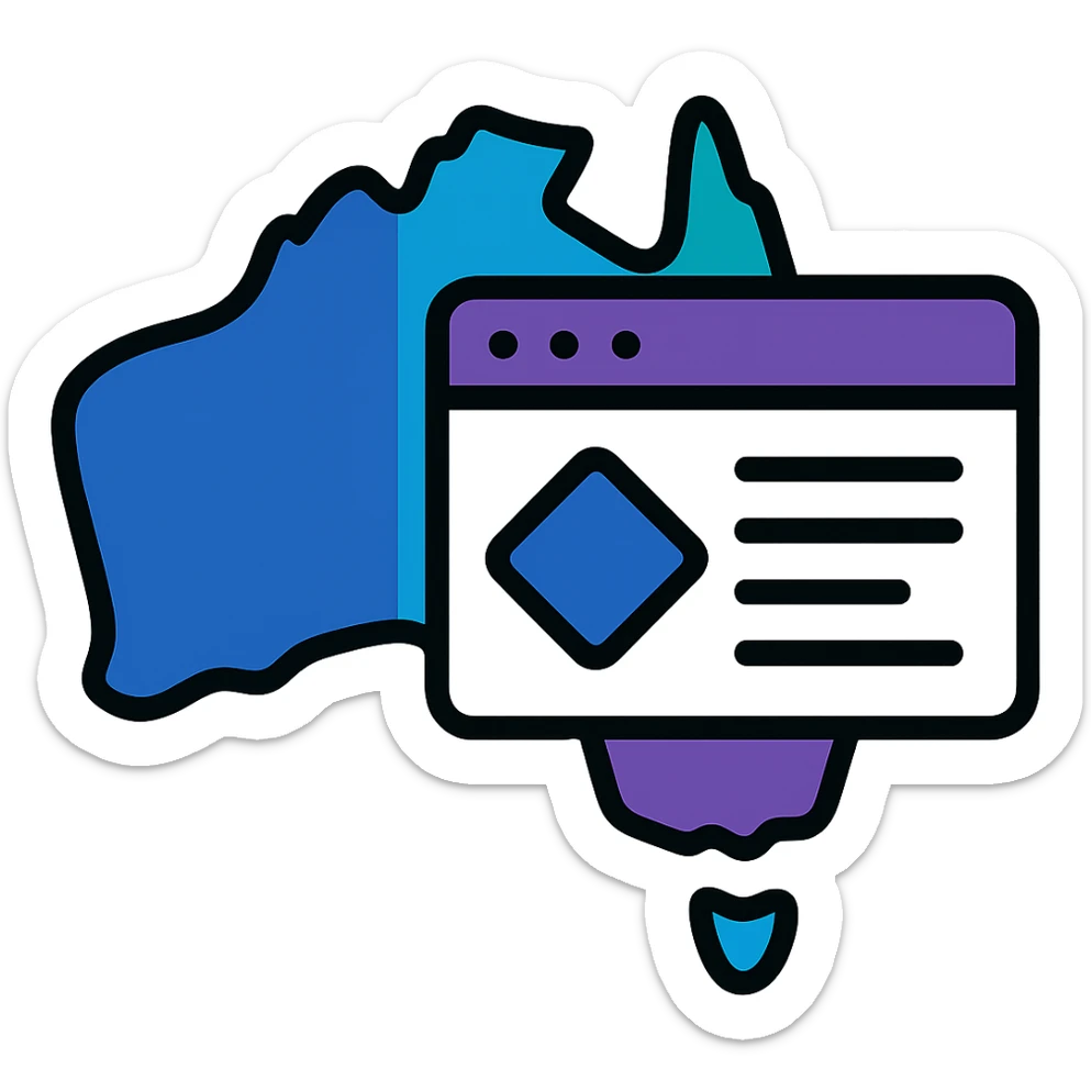 Add Microsoft Power Pages brand colors (blue, purple, teal) to the map of Australia with digital web page overlay, keep the modern and techy look, no text sticker