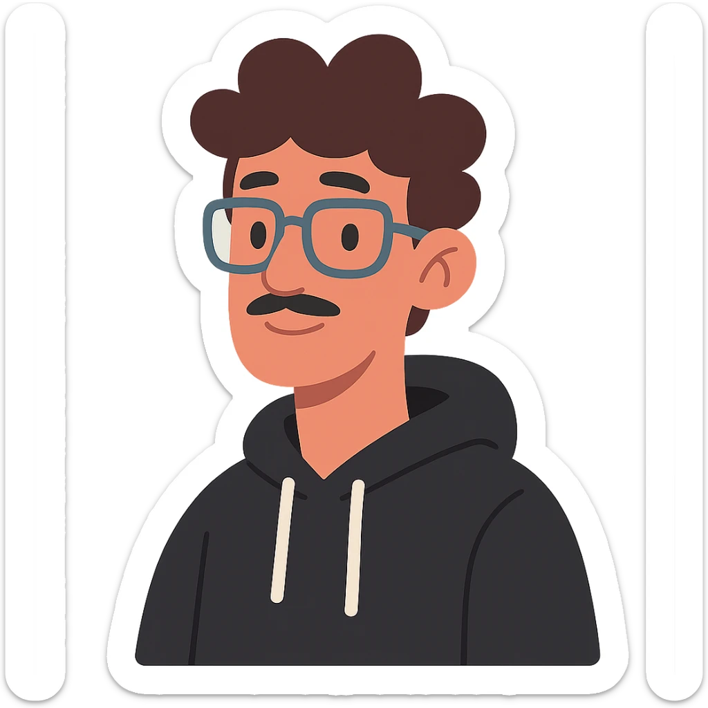 Malay teenager with fluffy hair, long face, light mustache, glasses, and a black hoodie in pastel toon style sticker