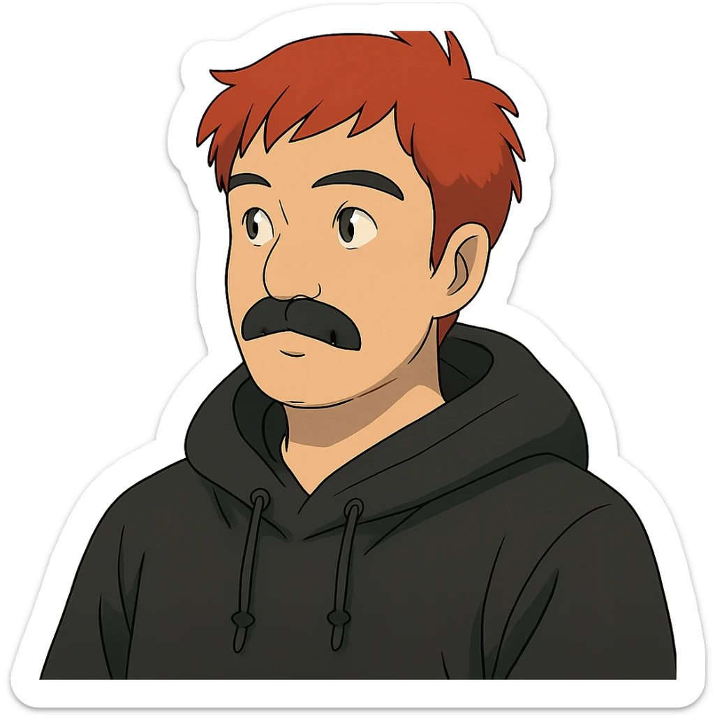 Asian man with black mustache, red hair, wearing a black hoodie in Japanese cyberpunk anime style sticker