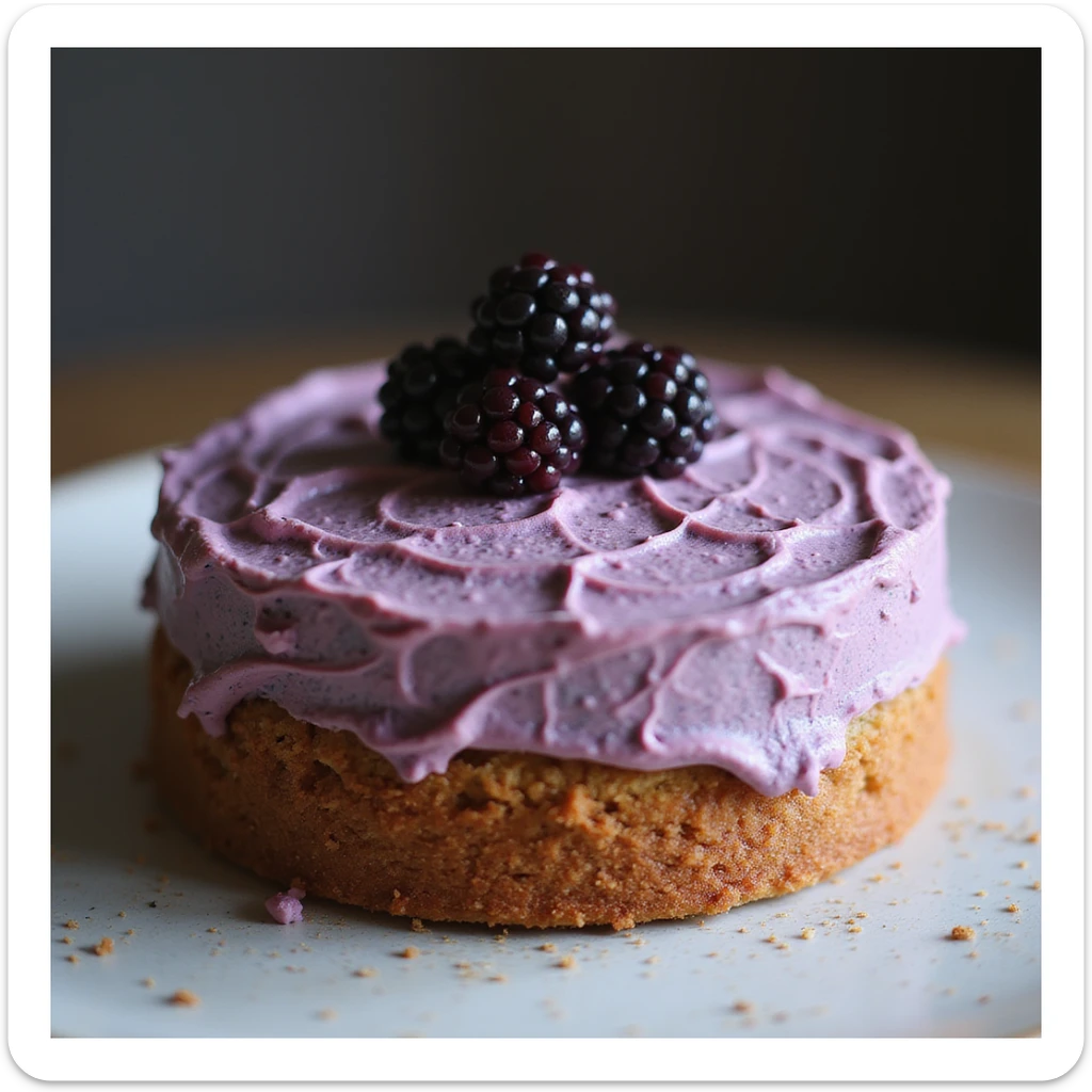 realistic round cake with blackberry frosting and fresh blackberries, photorealistic style sticker