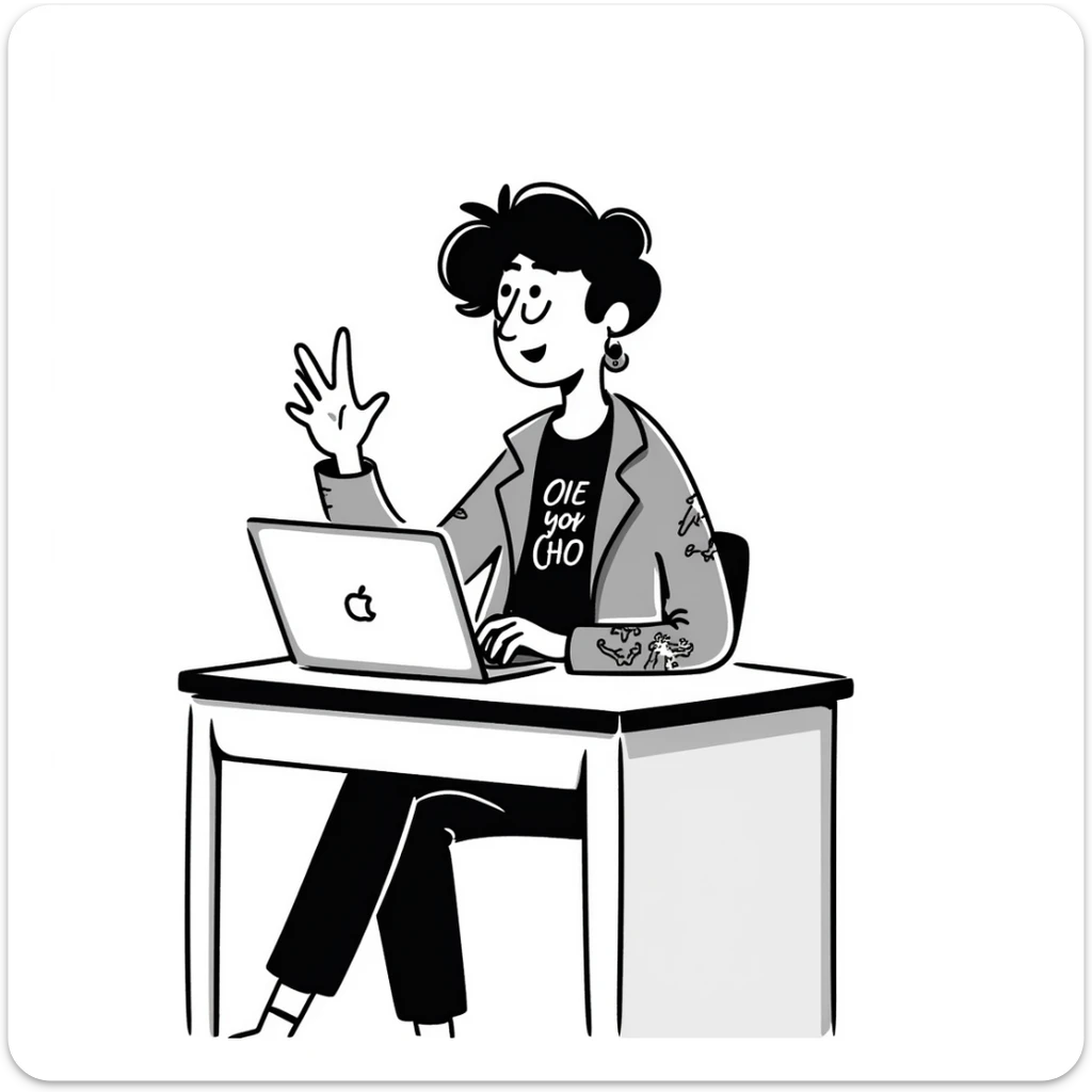 A rockstar female musician with tattoos on her arms, stylish modern haircut with shaved sides, wearing cool rocker clothes, smiling and sitting at a desk with a laptop, raising hand during class sticker