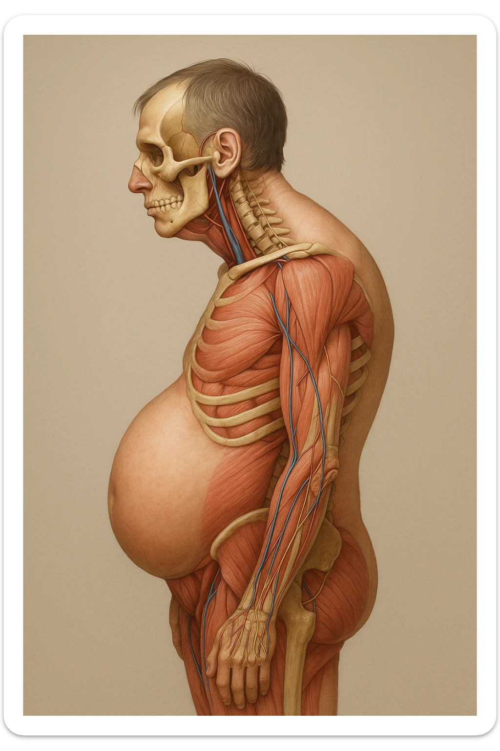 corpo UMANO ANATOMICO di profilo con spalle chiuse in avanti e pancia sporgente, postura errata, iperrealistico 4k sticker