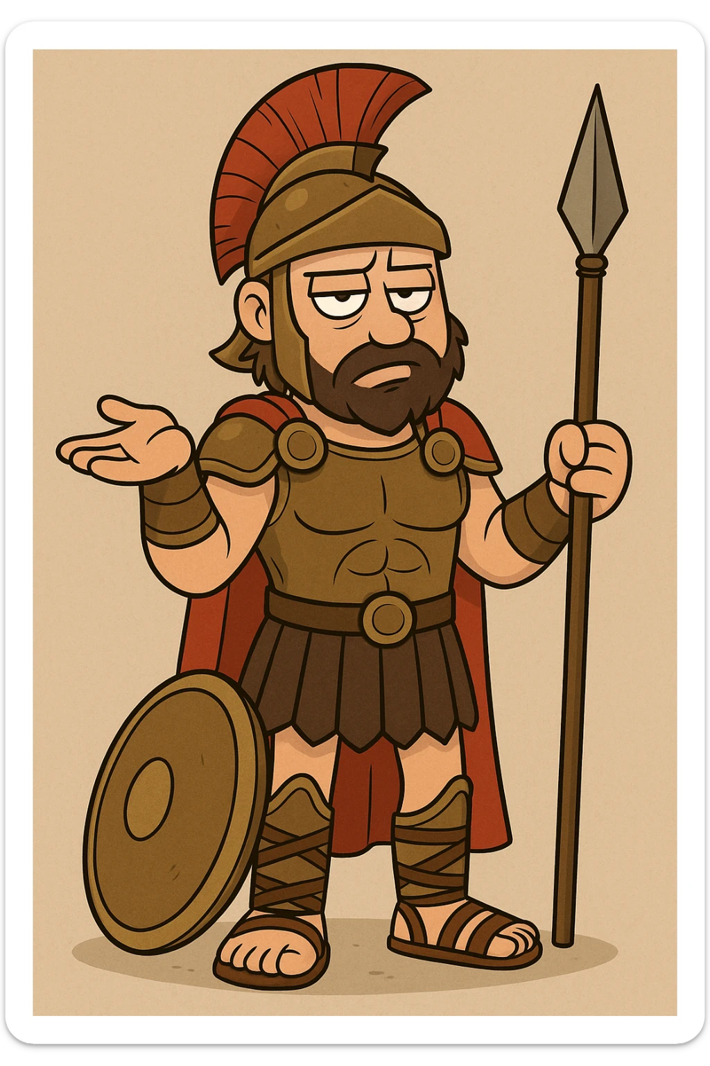 Ares, dieu grec, air blasé, style cartoon, armure antique, casque à crête, pose nonchalante, sans texte sticker