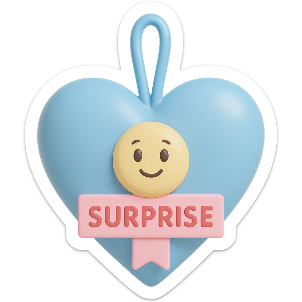 Recreate the blue heart-tagged pink gift in a vinyl figure style, with the name 'Surprise' on the tag, no background. sticker