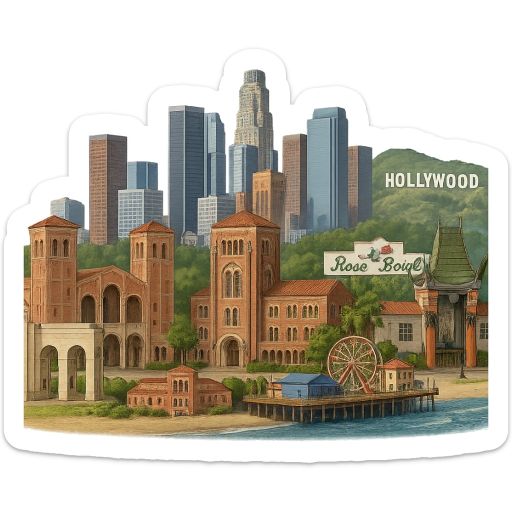 Make the buildings in the Los Angeles emoji more realistic with lifelike architectural detail and accurate proportions, while keeping the current layout: Los Angeles Memorial Coliseum arches, Royce Hall at UCLA, Bovard Administration Building at USC, Rose Bowl Stadium with its neon sign positioned more inland, Santa Monica Pier and beach at the coast, downtown LA skyline, Chinese Theater, and Hollywood Sign. Maintain accurate colors, bright daytime lighting, fully transparent background, no sky, no clouds, and no city name label. Do not change the layout or composition. Style should reflect realistic architectural detail and accurate proportions. sticker