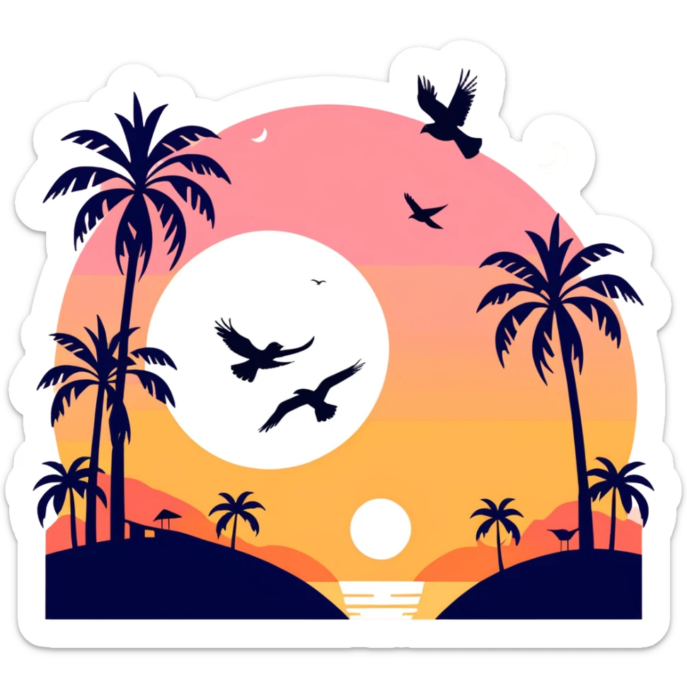 A red yellow and orange sunset with birds blackbird a white moon and with palm trees that are black to look like they’re shadows sticker