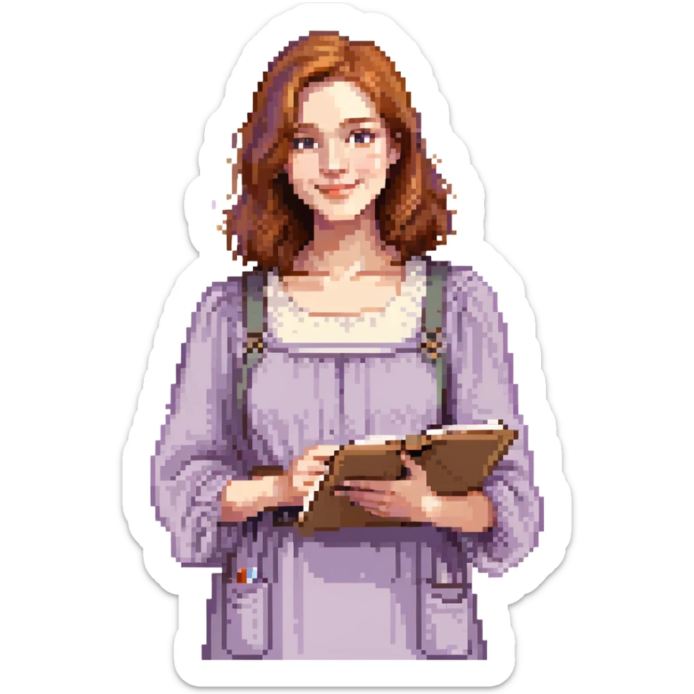Calm female artist, Caucasian features, shoulder-length auburn hair, soft brown eyes, gentle smile, wearing a violet smock over a light beige top, holding a sketchbook close to chest, waist-up, front-facing sticker
