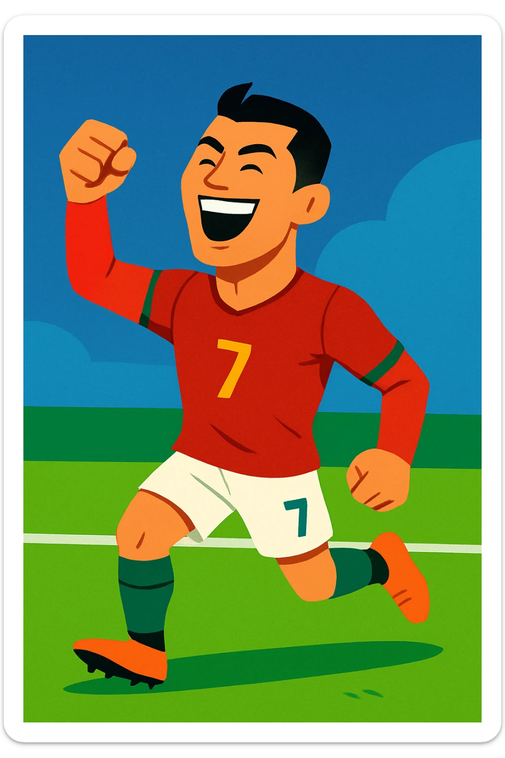 Ronaldo as a cartoon football player, celebrating a goal, vibrant colors, simple background sticker